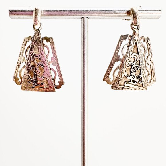 VTG 800 Silver Guatemalan Warrior Textured Dangle Earrings Size 1.25" Length - Picture 1 of 11